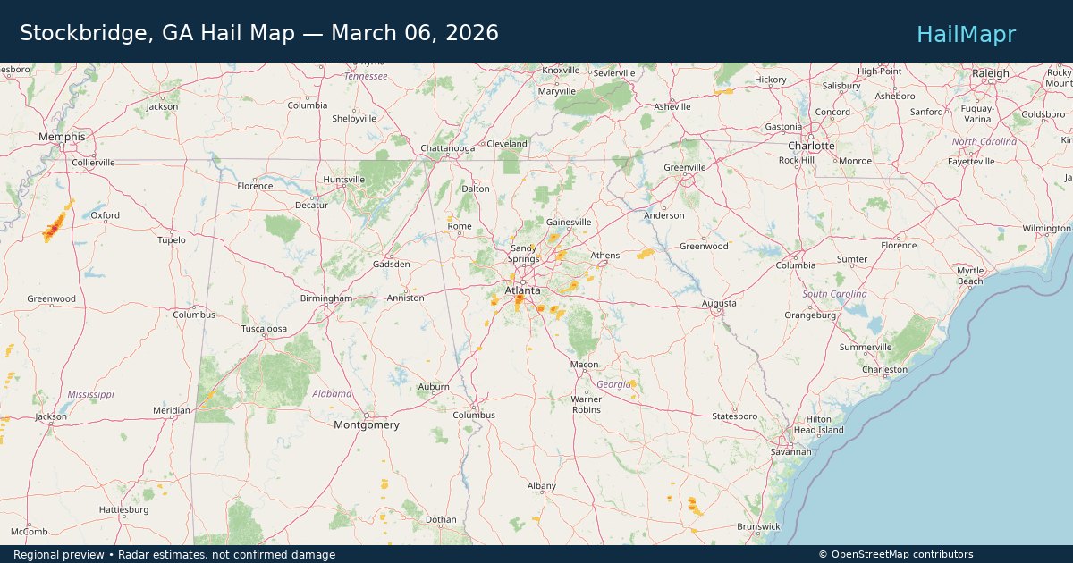 Stockbridge, GA Hail Map — March 06, 2026 — regional heatmap and storm polygons