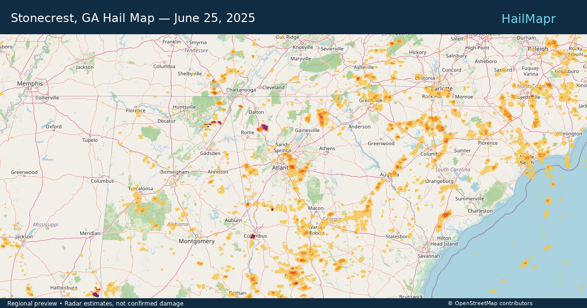 Stonecrest, GA Hail Map — June 25, 2025 — regional heatmap and storm polygons