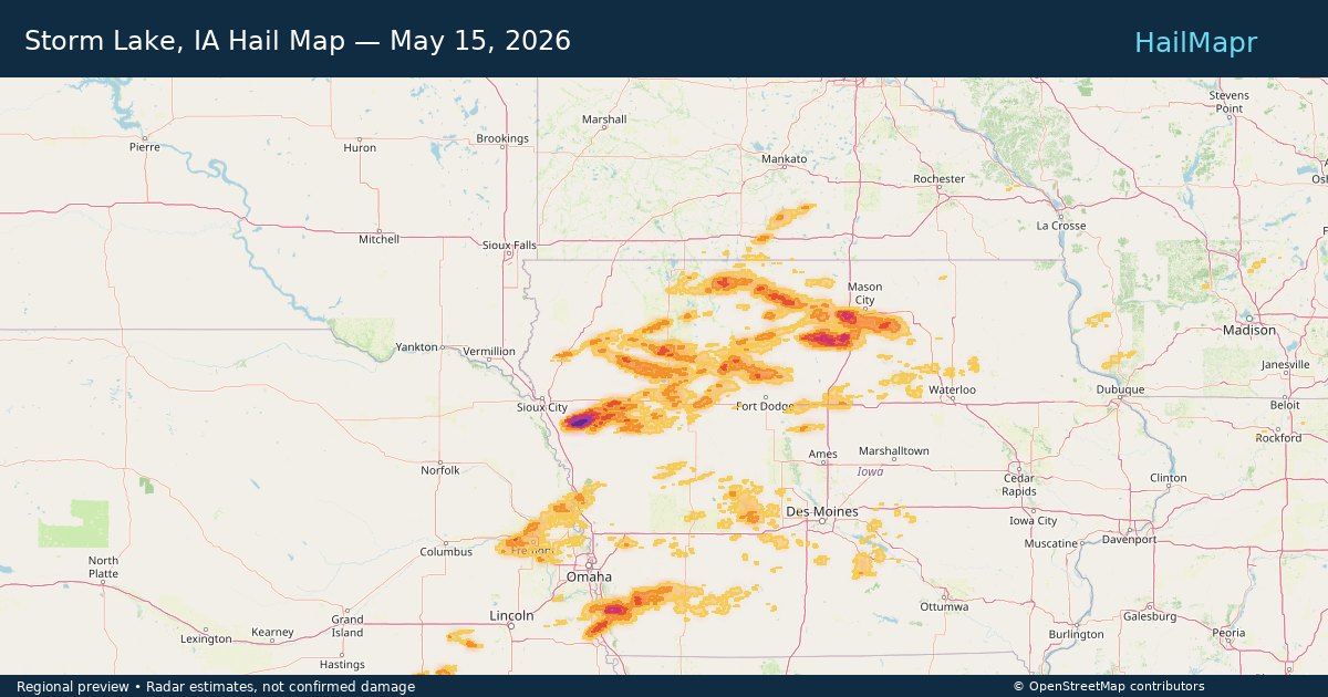 Storm Lake, IA Hail Map — May 15, 2026 — regional heatmap and storm polygons