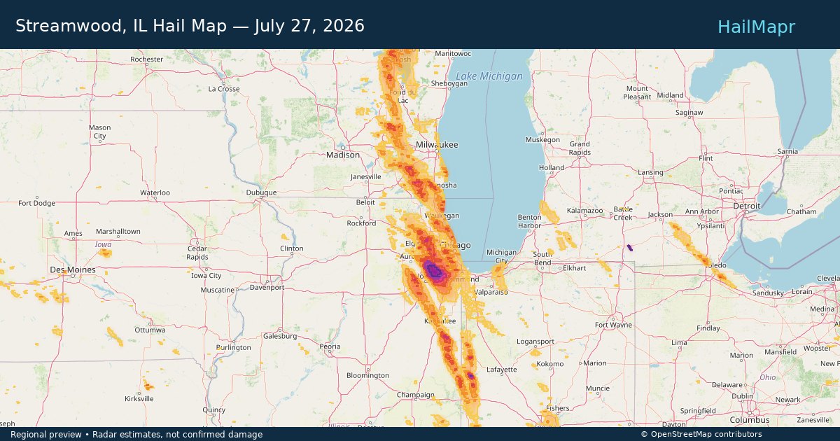 Streamwood, IL Hail Map — July 27, 2026 — regional heatmap and storm polygons