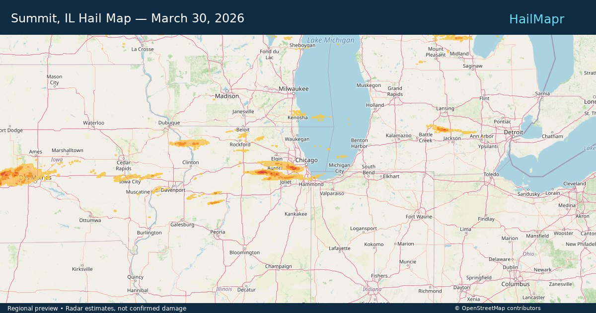Summit, IL Hail Map — March 30, 2026 — regional heatmap and storm polygons