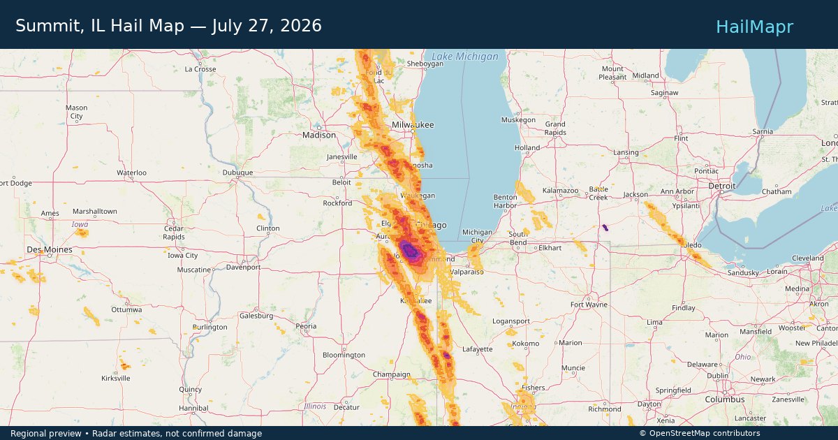 Summit, IL Hail Map — July 27, 2026 — regional heatmap and storm polygons
