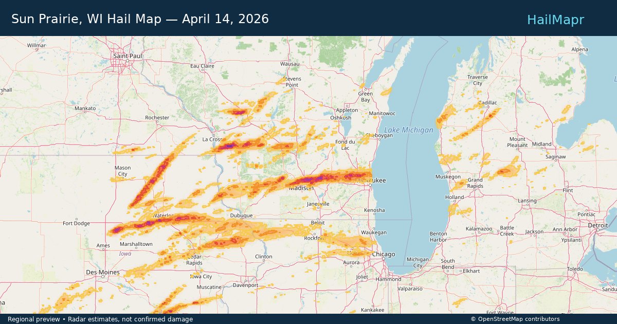 Sun Prairie, WI Hail Map — April 14, 2026 — regional heatmap and storm polygons