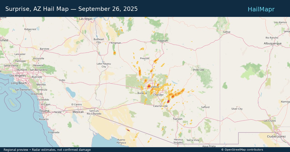 Surprise, AZ Hail Map — September 26, 2025 — regional heatmap and storm polygons