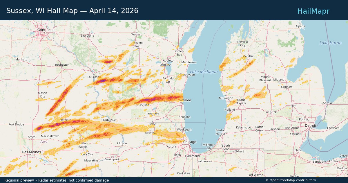 Sussex, WI Hail Map — April 14, 2026 — regional heatmap and storm polygons
