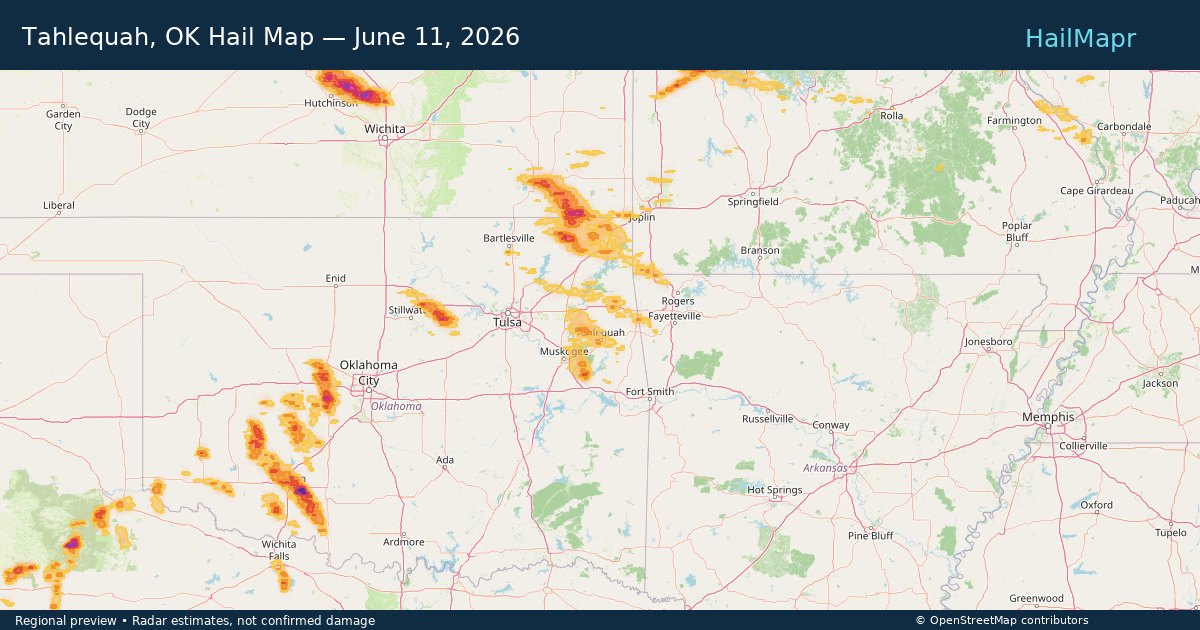 Tahlequah, OK Hail Map — June 11, 2026 — regional heatmap and storm polygons