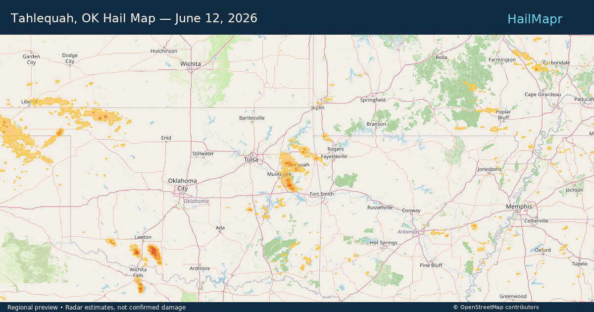 Tahlequah, OK Hail Map — June 12, 2026 — regional heatmap and storm polygons