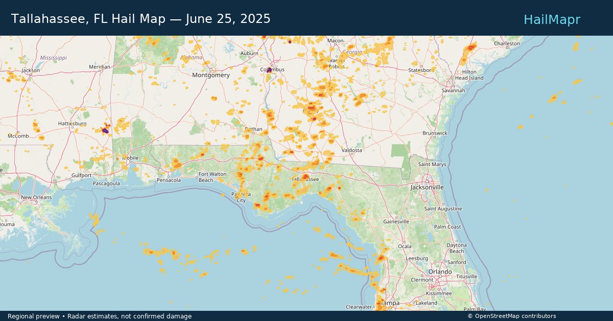Tallahassee, FL Hail Map — June 25, 2025 — regional heatmap and storm polygons