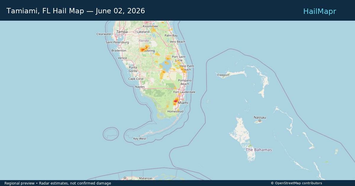 Tamiami, FL Hail Map — June 02, 2026 — regional heatmap and storm polygons
