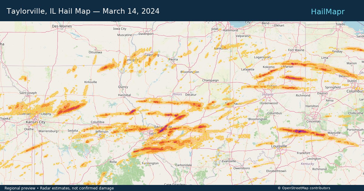 Taylorville, IL Hail Map — March 14, 2024 — regional heatmap and storm polygons