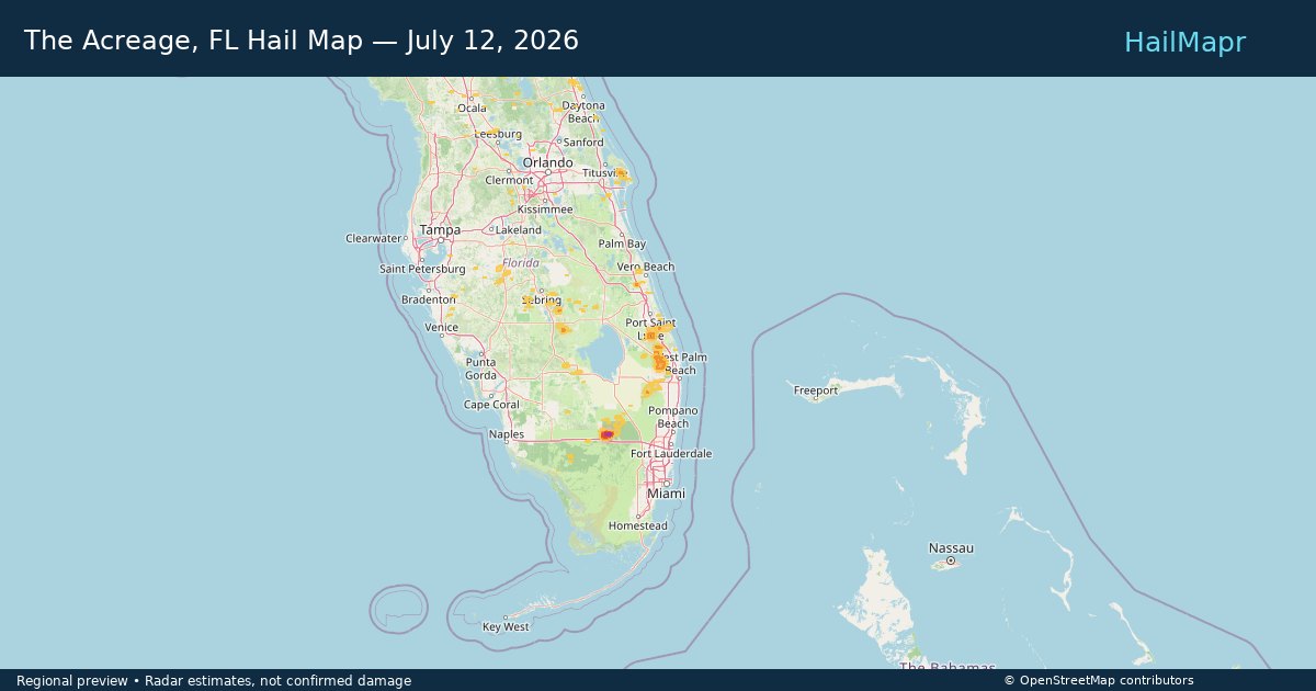 The Acreage, FL Hail Map — July 12, 2026 — regional heatmap and storm polygons