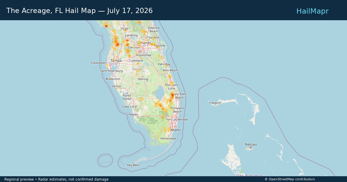 The Acreage, FL Hail Map — July 17, 2026 — regional heatmap and storm polygons