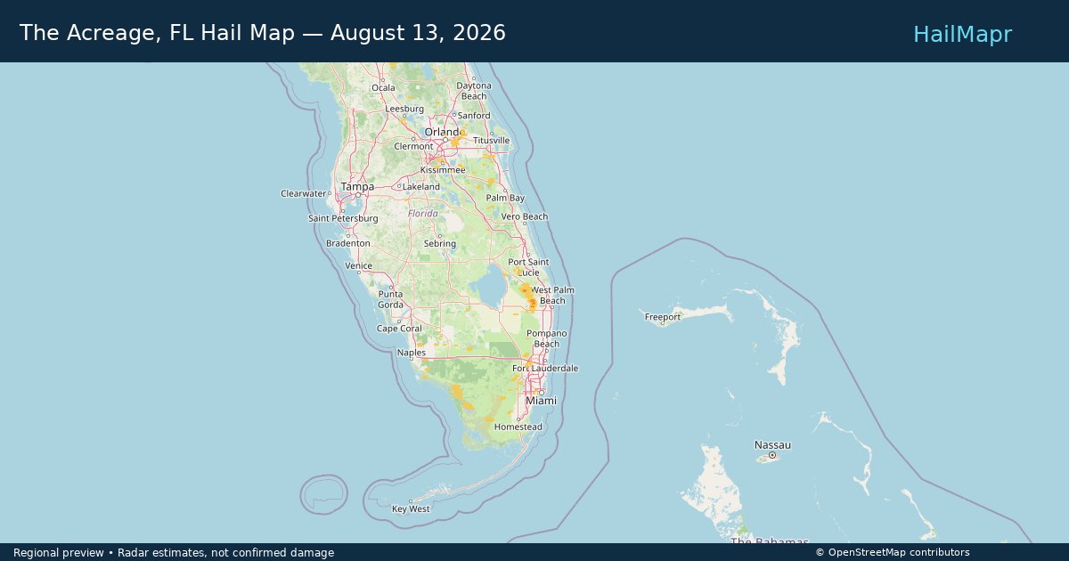 The Acreage, FL Hail Map — August 13, 2026 — regional heatmap and storm polygons