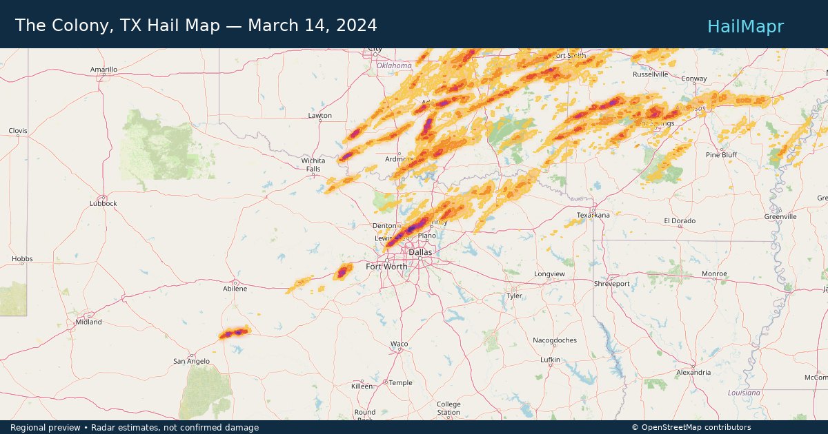 The Colony, TX — March 14, 2024 — regional hail footprint preview
