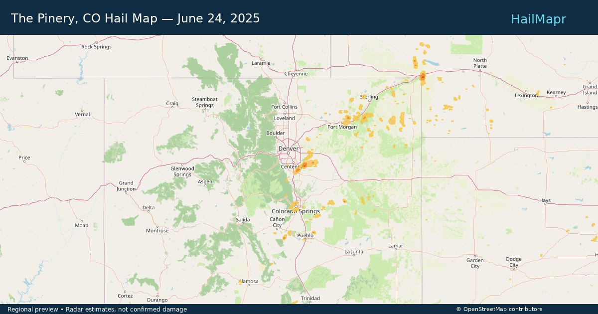The Pinery, CO Hail Map — June 24, 2025 — regional heatmap and storm polygons