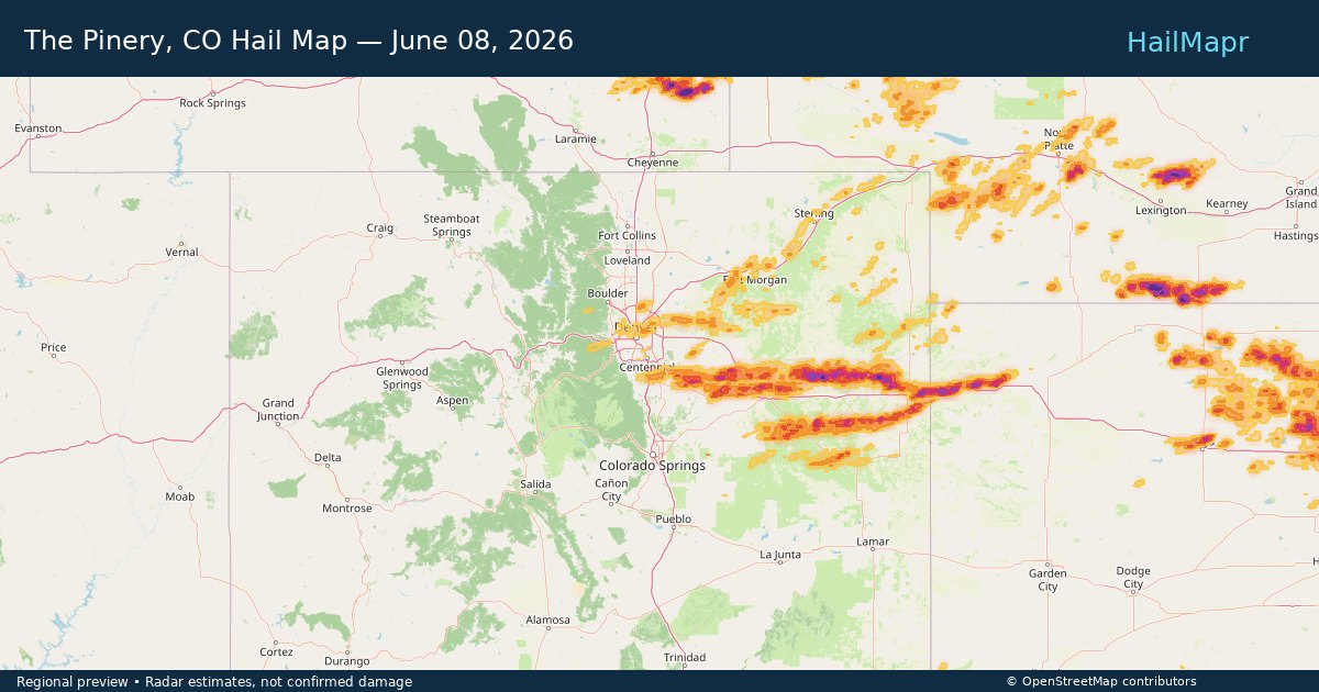 The Pinery, CO Hail Map — June 08, 2026 — regional heatmap and storm polygons