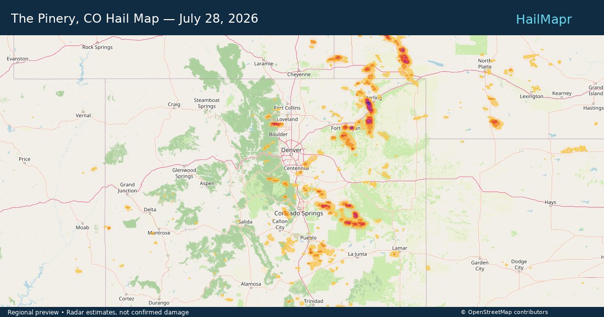 The Pinery, CO Hail Map — July 28, 2026 — regional heatmap and storm polygons