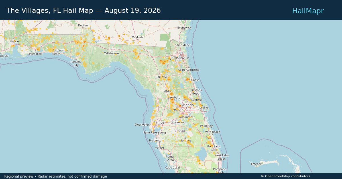 The Villages, FL Hail Map — August 19, 2026 — regional heatmap and storm polygons