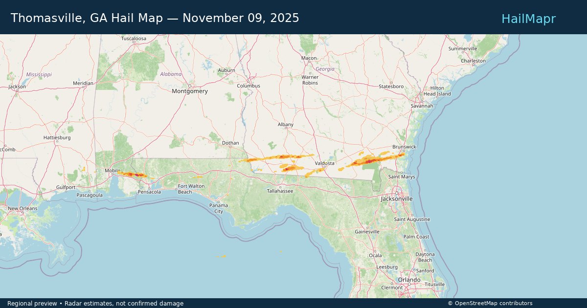 Thomasville, GA Hail Map — November 09, 2025 — regional heatmap and storm polygons