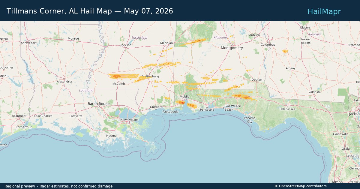 Tillmans Corner, AL Hail Map — May 07, 2026 — regional heatmap and storm polygons