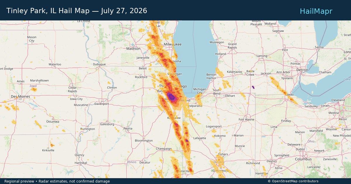 Tinley Park, IL Hail Map — July 27, 2026 — regional heatmap and storm polygons