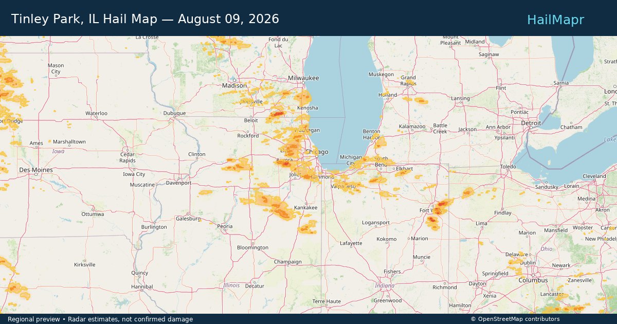 Tinley Park, IL Hail Map — August 09, 2026 — regional heatmap and storm polygons