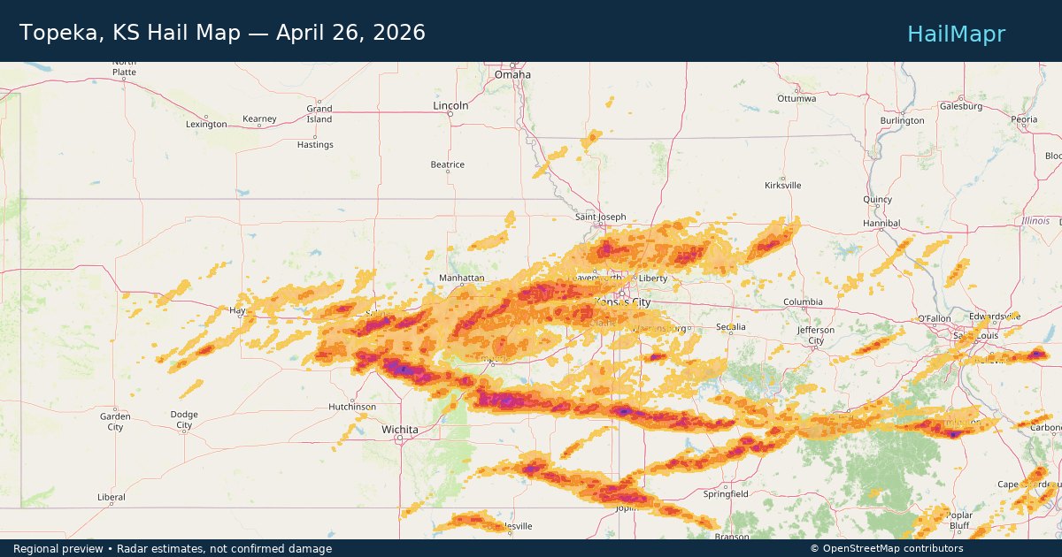 Topeka, KS Hail Map — April 26, 2026 — regional heatmap and storm polygons