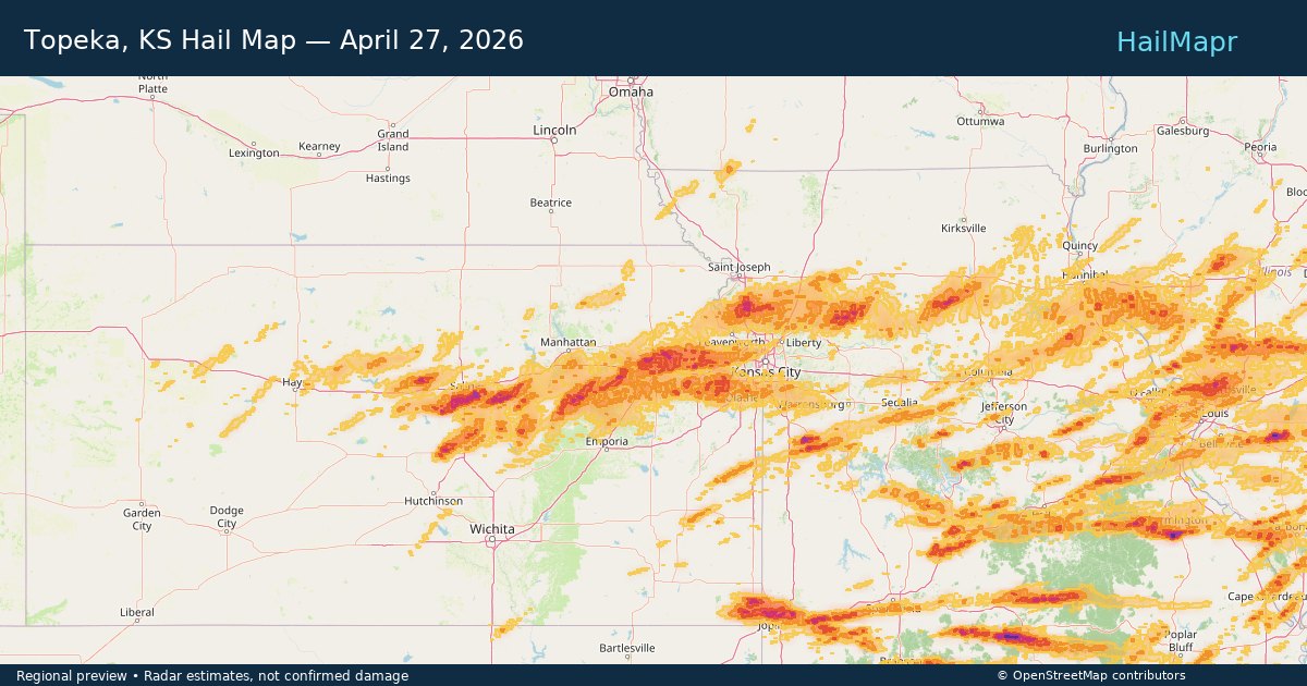 Topeka, KS Hail Map — April 27, 2026 — regional heatmap and storm polygons