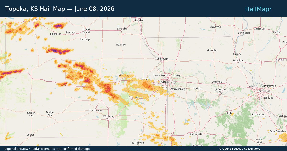 Topeka, KS Hail Map — June 08, 2026 — regional heatmap and storm polygons