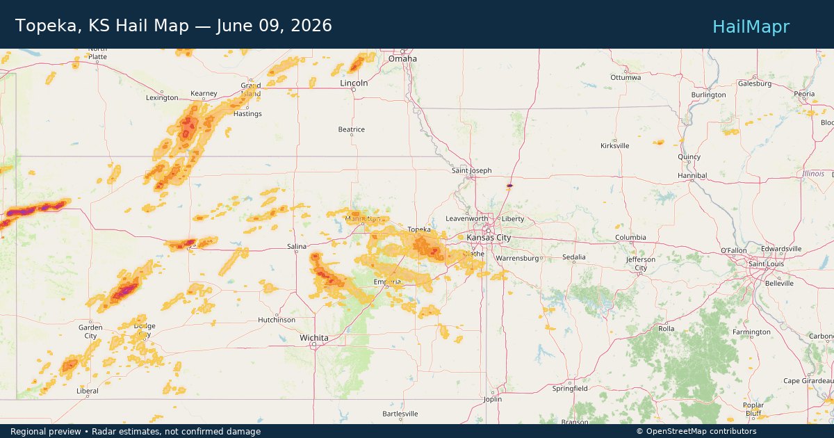 Topeka, KS Hail Map — June 09, 2026 — regional heatmap and storm polygons