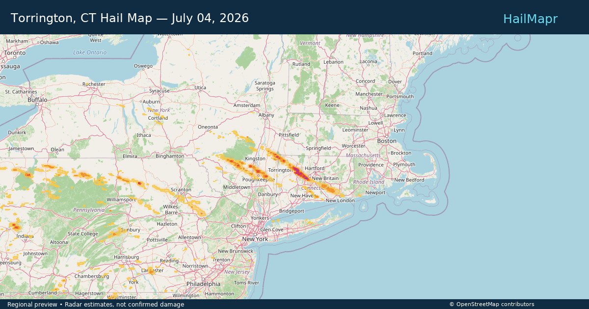Torrington, CT Hail Map — July 04, 2026 — regional heatmap and storm polygons