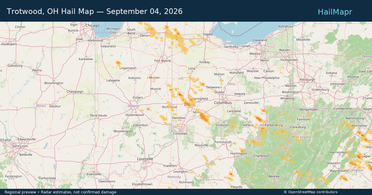 Trotwood, OH Hail Map — September 04, 2026 — regional heatmap and storm polygons