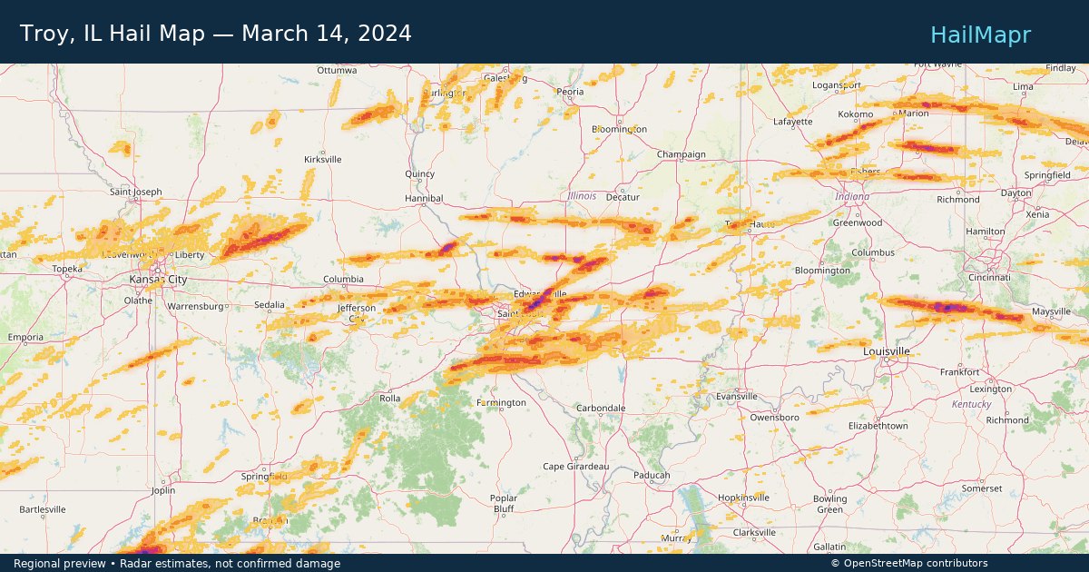 Troy, IL Hail Map — March 14, 2024 — regional heatmap and storm polygons