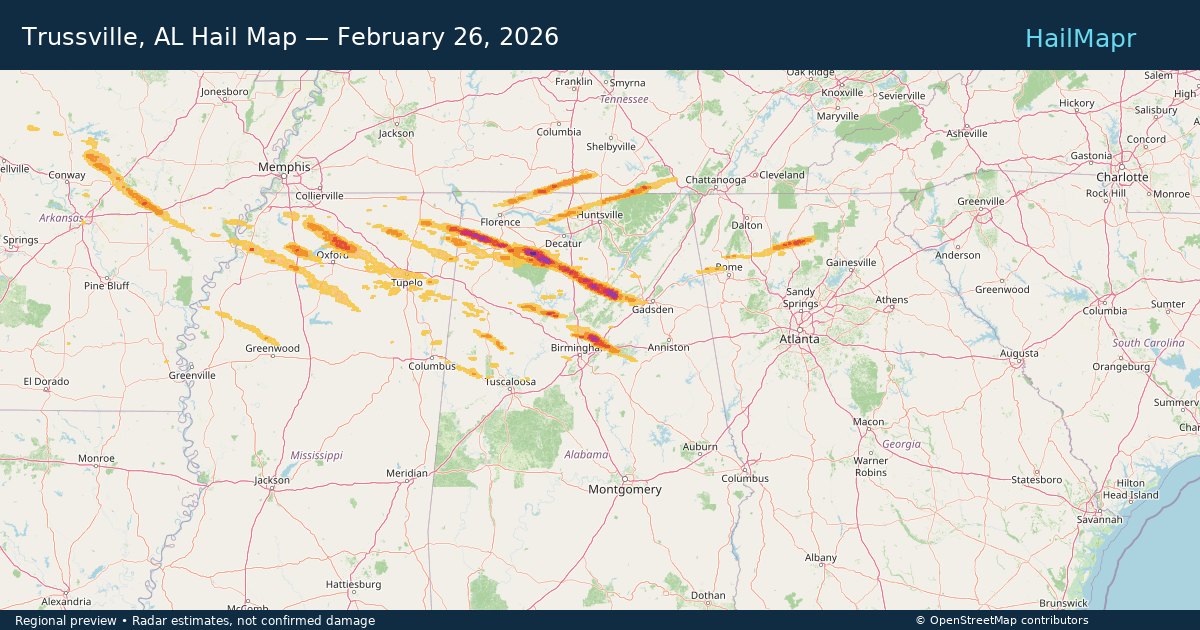 Trussville, AL Hail Map — February 26, 2026 — regional heatmap and storm polygons