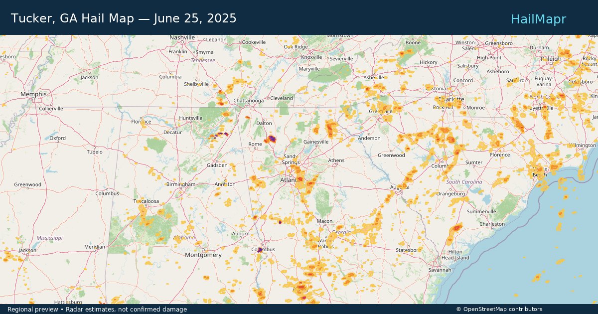 Tucker, GA — June 25, 2025 — regional hail footprint preview