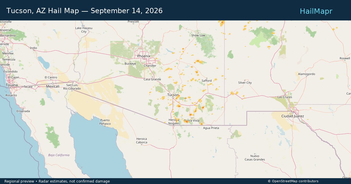 Tucson, AZ Hail Map — September 14, 2026 — regional heatmap and storm polygons