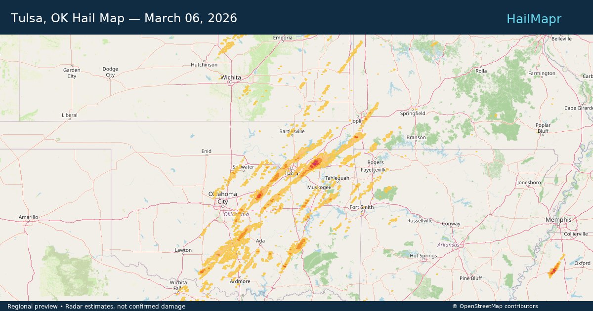 Tulsa, OK Hail Map — March 06, 2026 — regional heatmap and storm polygons