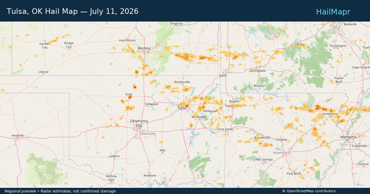 Tulsa, OK Hail Map — July 11, 2026 — regional heatmap and storm polygons