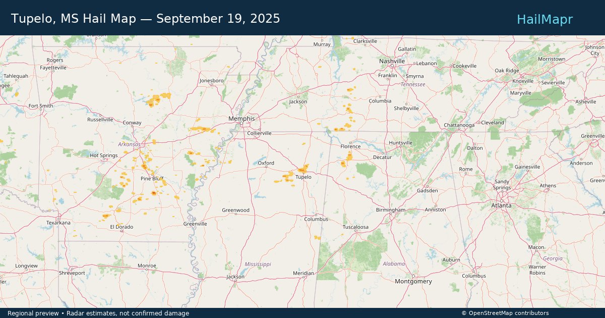 Tupelo, MS Hail Map — September 19, 2025 — regional heatmap and storm polygons