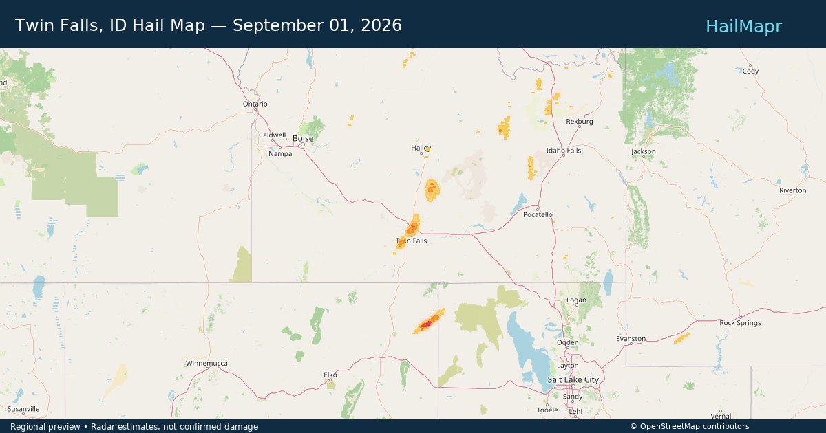 Twin Falls, ID Hail Map — September 01, 2026 — regional heatmap and storm polygons