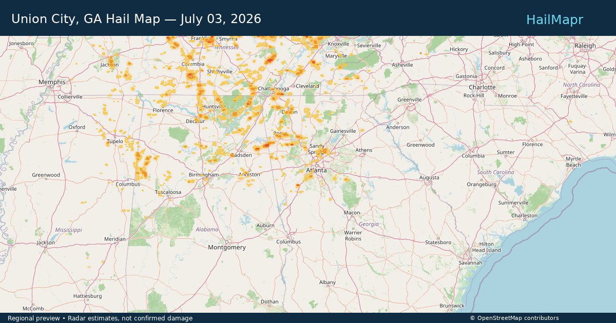 Union City, GA Hail Map — July 03, 2026 — regional heatmap and storm polygons