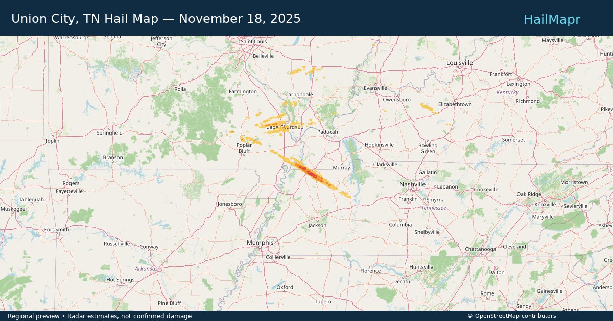 Union City, TN Hail Map — November 18, 2025 — regional heatmap and storm polygons