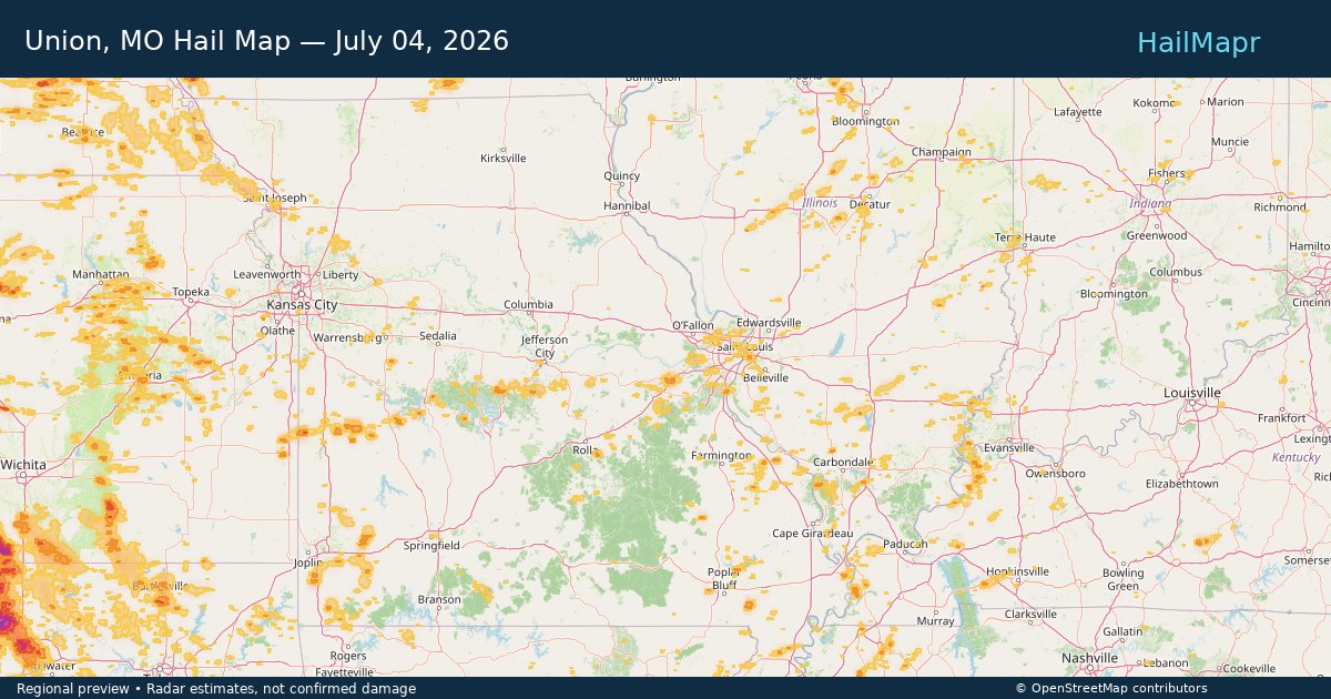 Union, MO Hail Map — July 04, 2026 — regional heatmap and storm polygons