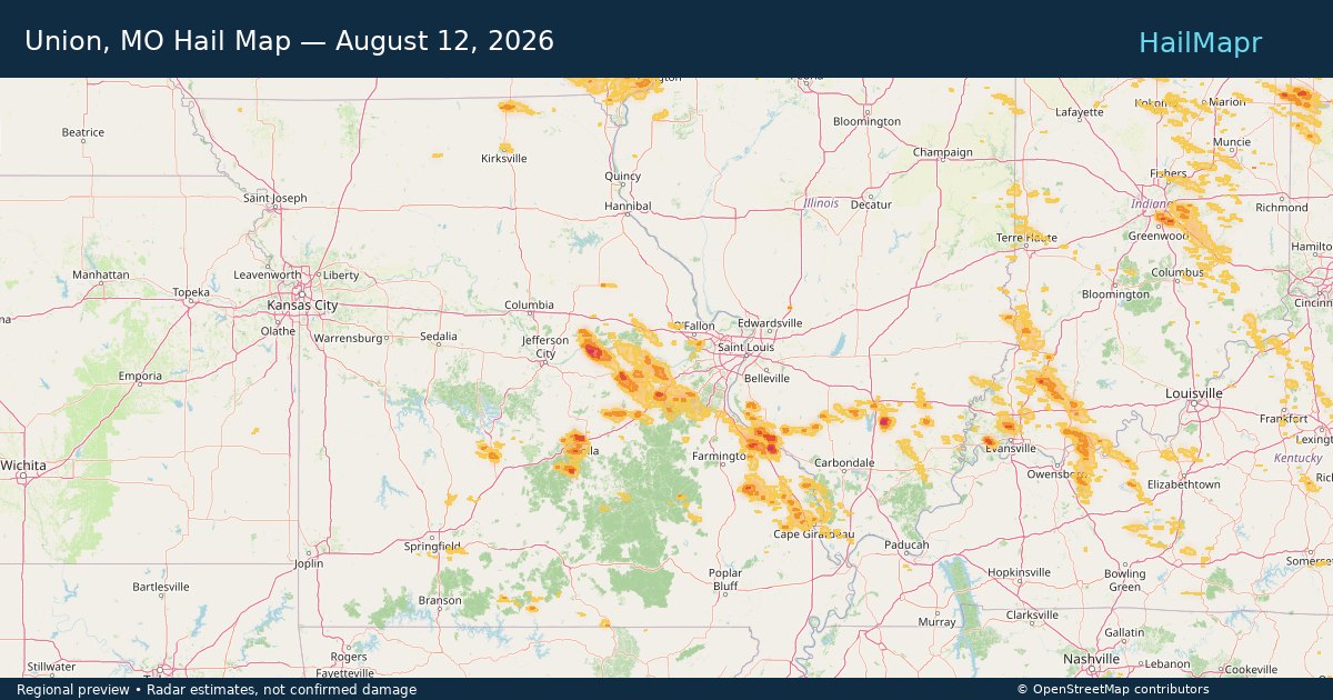 Union, MO Hail Map — August 12, 2026 — regional heatmap and storm polygons