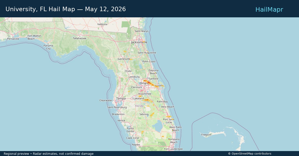 University, FL Hail Map — May 12, 2026 — regional heatmap and storm polygons