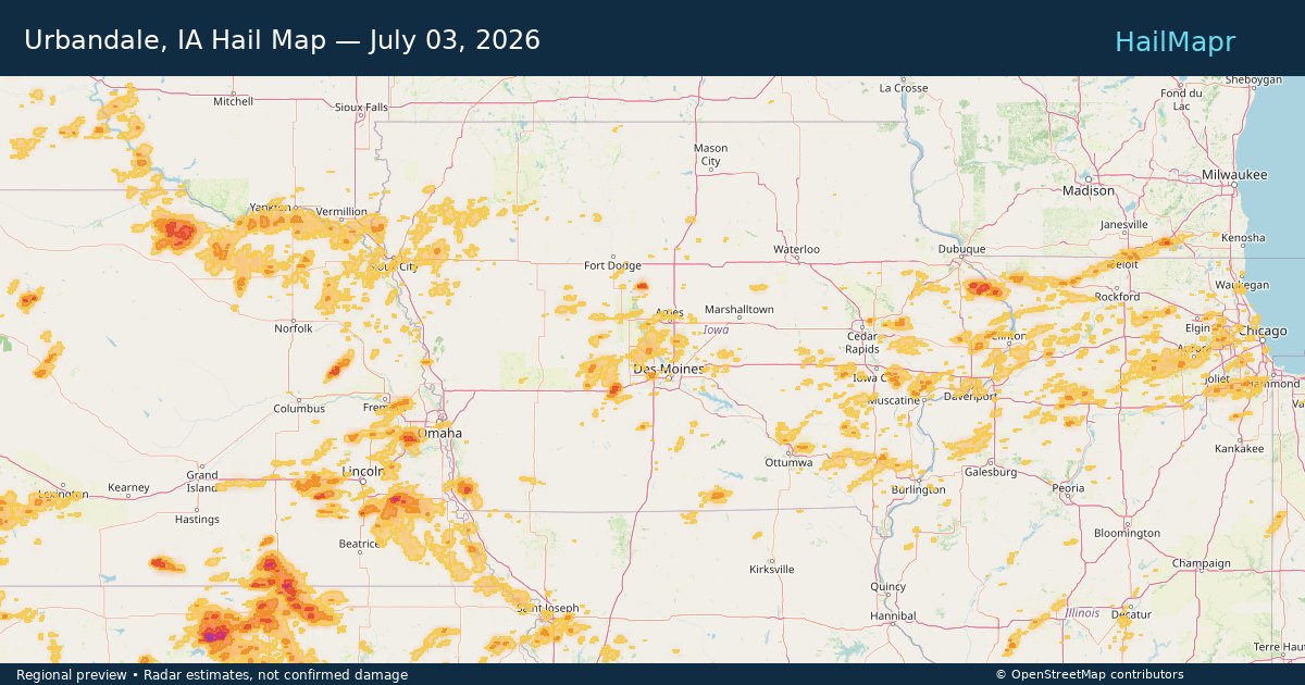 Urbandale, IA Hail Map — July 03, 2026 — regional heatmap and storm polygons