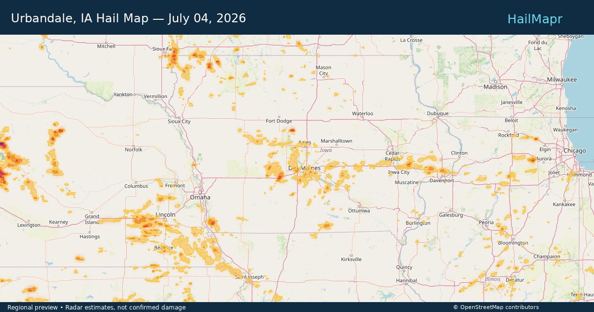 Urbandale, IA Hail Map — July 04, 2026 — regional heatmap and storm polygons