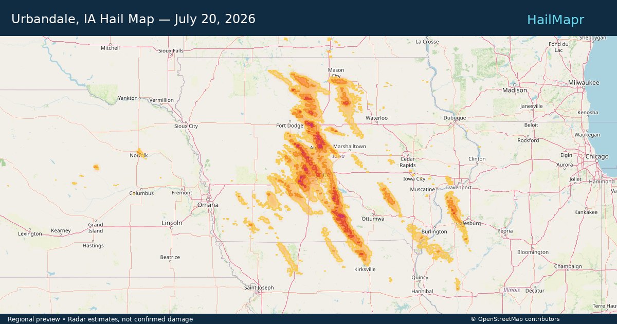 Urbandale, IA Hail Map — July 20, 2026 — regional heatmap and storm polygons