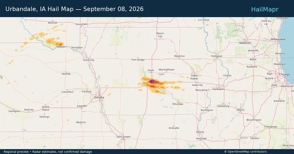 Urbandale, IA Hail Map — September 08, 2026 — regional heatmap and storm polygons