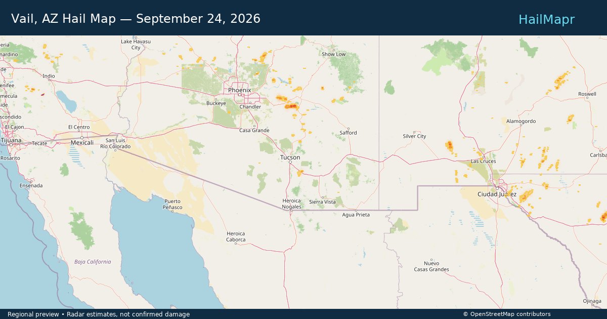 Vail, AZ Hail Map — September 24, 2026 — regional heatmap and storm polygons